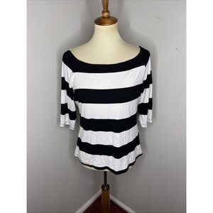 Womens Alembika Black White Stripe Viscose Lycra Short Sleeve Tshirt Sz 5